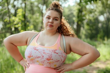 Young overweight woman in workout attire exercising in park for weight loss during summer