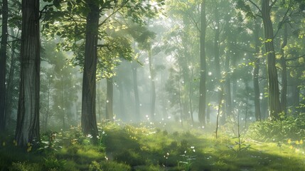 Fototapeta na wymiar Capture the tranquility of a serene forest scene at dawn, with mist rising from the forest floor and sunlight filtering through the trees.
