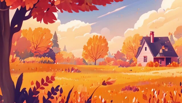 Autumn Fantastic Cartoon Style Scene Illustration