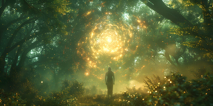 Serene Human Amidst Radiant Emerald Aura and Psychic Waves in the Dark Green Forest