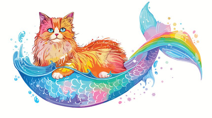 Vector cute cat drawn as mermaid for tee print - obrazy, fototapety, plakaty