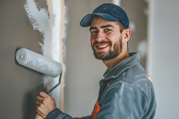 Smiling man painting interior wall with roller brush in new house for renovation project