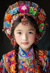 A portrait of a girl in Asian festival attire with vibrant colors and traditional patterns.
