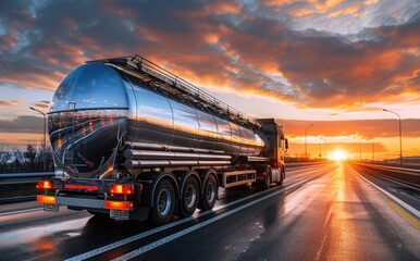 Oil tank truck on the highway during sunset.