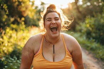 Cheerful overweight woman in athletic attire exercises outdoors, laughs at camera post workout