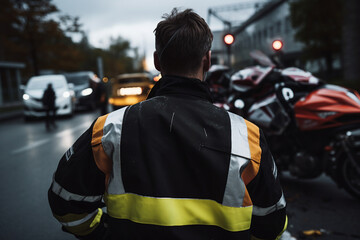 Fototapeta premium AI generated image of medical personal on road after car crash