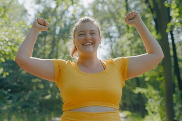 Cheerful overweight woman in sportswear exercises outdoors, laughing during weight loss workout