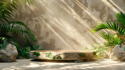 3D SUN BRIGHT ROCK AND WOOD PODIUM WITH PALM