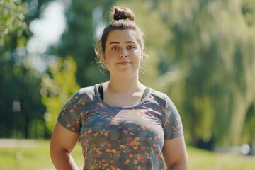 Overweight woman in athletic attire exercising for weight reduction in a sunny park