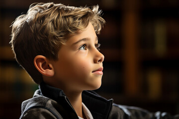 Cute schoolchild reading book surrounded by library shelves generated with AI generative technology