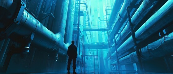 Industrial vigilance, worker amidst network of pipes - obrazy, fototapety, plakaty