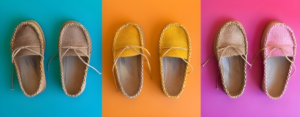 Four pair of espadrilles on multicolor background. Top view. Trendy Summer Footwear Four Pairs of Espadrilles on Bright Background