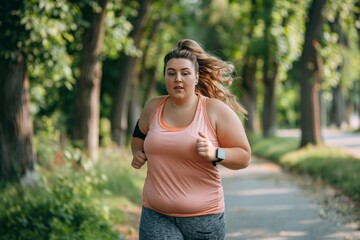 Overweight woman in sportswear jogging in park for weight loss and fitness goals