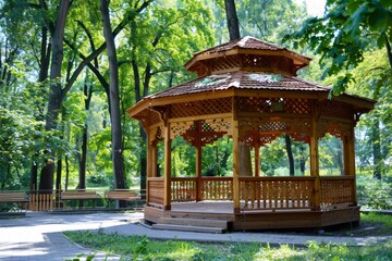 Naklejka premium Tranquil wooden gazebo embraced by the lush beauty of a serene summer park surroundings