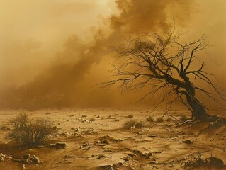 Sandstorms painting skies with despair, as desiccated lands lament their lost fertility