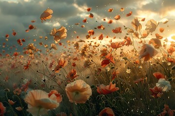 Obraz na płótnie Canvas Experience the raw power of nature as strong windstorm rips delicate petals off wildflowers in a field. Witness the interplay of light and shadow on the meadow, capturing the fleeting beauty and force
