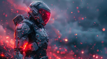 Spartan cyborg with energy shield and plasma spear, standing firm on a futuristic battlefield - obrazy, fototapety, plakaty
