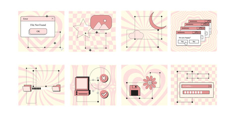 Set of vaporwave retro futuristic lofi post templates for social media. 80s 90s aesthetic square backgrounds with old computer user interface, dialog window and nostalgic elements. Vector illustration