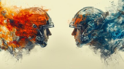 Two football players wearing helmets illustration in graphic design style