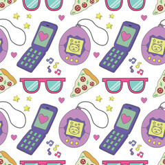 Seamless pattern with tamogochi, mobile phone, glasses and other items in the colorful style of the 80s and 90s. Commercial vector illustration.
