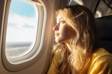 Fototapeta premium Image generative AI of happy passenger looking out the window sitting on business class luxury plane