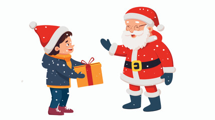 Vector illustration cute kid receiving present from Sa