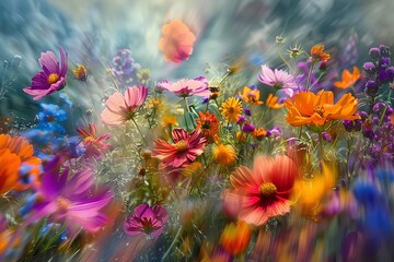 Experience the raw power of nature as strong windstorm rips delicate petals off wildflowers in a field. Witness the interplay of light and shadow on the meadow, capturing the fleeting beauty and force - obrazy, fototapety, plakaty