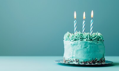 Vibrant birthday cake with colorful frosting, topped with three lit candles, set against a serene pastel blue background. Ample space for personalized messages. Captures happiness and festivity