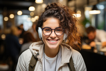 Happy young woman in glasses headphones sitting in cafe - obrazy, fototapety, plakaty