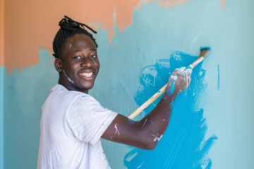 Happy afro american man joyfully painting interior wall to decorate new house and add personal touch