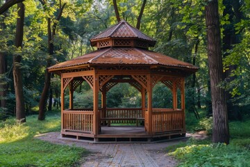Beautiful wooden gazebo in a serene summer park setting surrounded by lush greenery