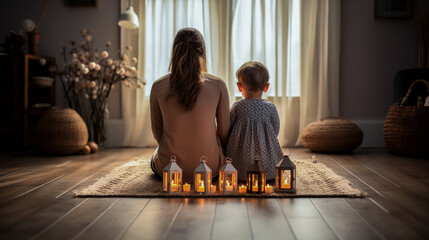 Unrecognizable mother and daughter meditating in room on carpet with candle lanterns