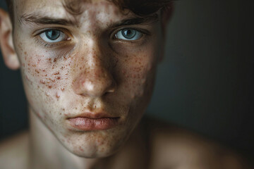 Generative AI portrait of young boy child suffering from acne skin with hormonal pimples problems