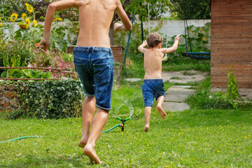 Carefree and shirtless, two kids jump over sprinkler in garden