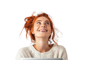 Redhead with Laptop Smiling Upward