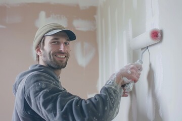 Joyful young man using roller brush to paint interior wall in white, newly acquired house