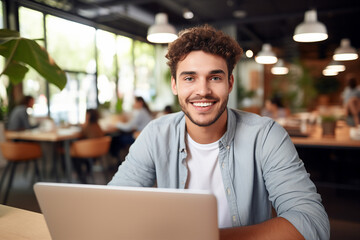 Obraz premium Generative AI photo of smiling person working as a tutor from cafe distance lesson