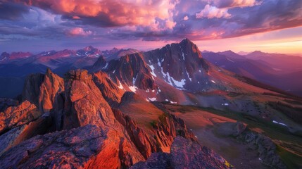 Fototapeta na wymiar Immortalize the breathtaking beauty of a remote mountain peak at sunset, with vibrant colors painting the sky and rugged terrain stretching into the horizon.