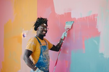 Happy Afro american man painting interior walls of his new home with a joyful expression