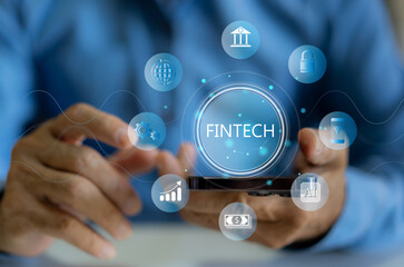 Financial technology FinTech with a business professional, banking and currency, digital transformation in financial industry, blockchain, cybersecurity, digital wallets and global financial networks