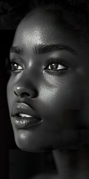 In a black and white portrait, a black woman radiates timeless beauty and an aura of strength and dignity. Black woman with delicately sculpted features under soft light and black background.
