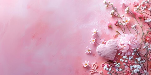 Pink background with flowers and hearts. Generative AI.