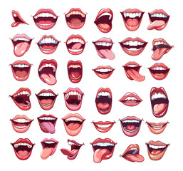 Fototapeta na wymiar Cartoon mouths vector set. Plump lips sticking tongue out teeth smiling facial expression emotions gestures isolated illustrations on white background