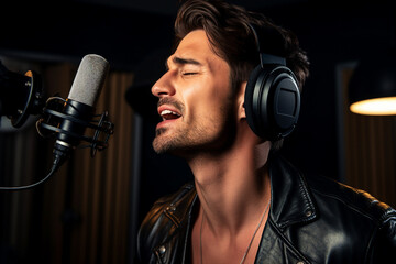 Radio podcast deejay near microphone recording news song program live broadcasting Generative AI