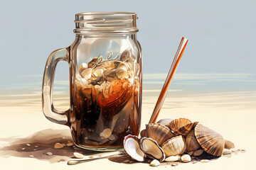 Glass and mason jar of cold Cuba Libre cocktail, seashells on sand - obrazy, fototapety, plakaty