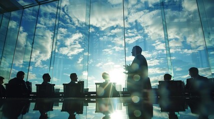 A panoramic shot of a boardroom meeting through glass windows, with the focus on the businessman delivering a speech.