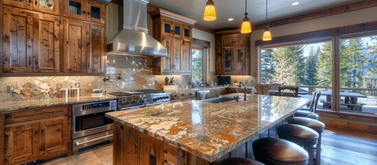 Gourmet kitchen equipped with top-of-the-line appliances and granite countertops elevates cabin living.  - obrazy, fototapety, plakaty