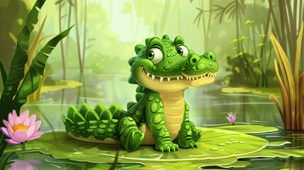 Cute Cartoon Alligator Character in the Swamp - obrazy, fototapety, plakaty
