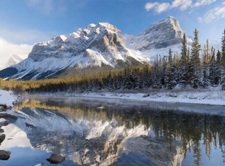 Almost nearly perfect reflection of the Rocky mountains in the Bow River. Near Canmore, Alberta,...