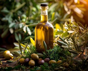 Serene Still Life of Premium Olive Oil Bottle Nestled Amongst Fresh Herbs and Ripe Olives in Warm Natural Light